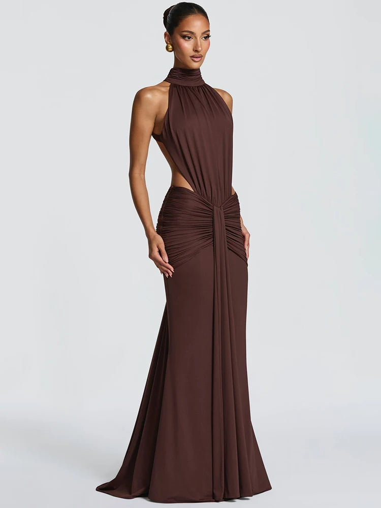 Turtleneck Backless Sexy Maxi Dress Women Gown Elegant Off-shoulder Sleeveless Ruched Bodycon Club Party Long Dress