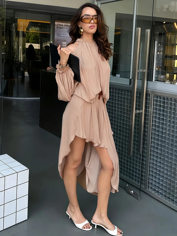 Sexy Off-Shoulder Hollow Dress Women Fashion Turtleneck Ruched Full Sleeve Irregular Hem Elegant Party Club Outfits