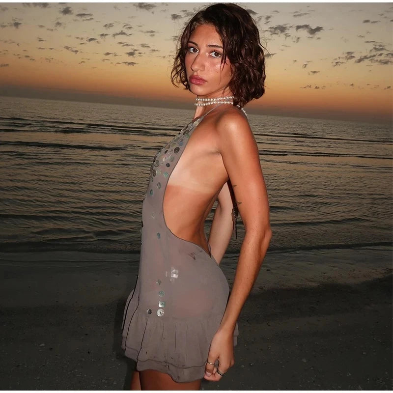 Summer Women Halter Sequin Ruffled Mini Dress Women V-neck Sleeveless Lace Up Backless Pleated Sexy Beach Dresses