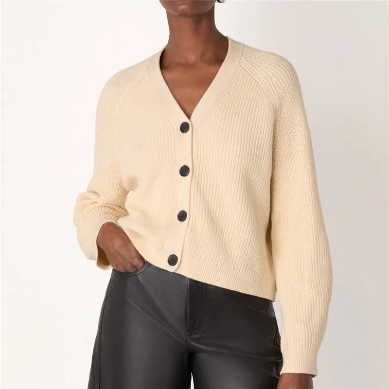 Women V Neck Ribbed Knit Cardigan Button Down Long Sleeve Cropped Sweater Loose Basic Knitwear Fall Winter Jumpers