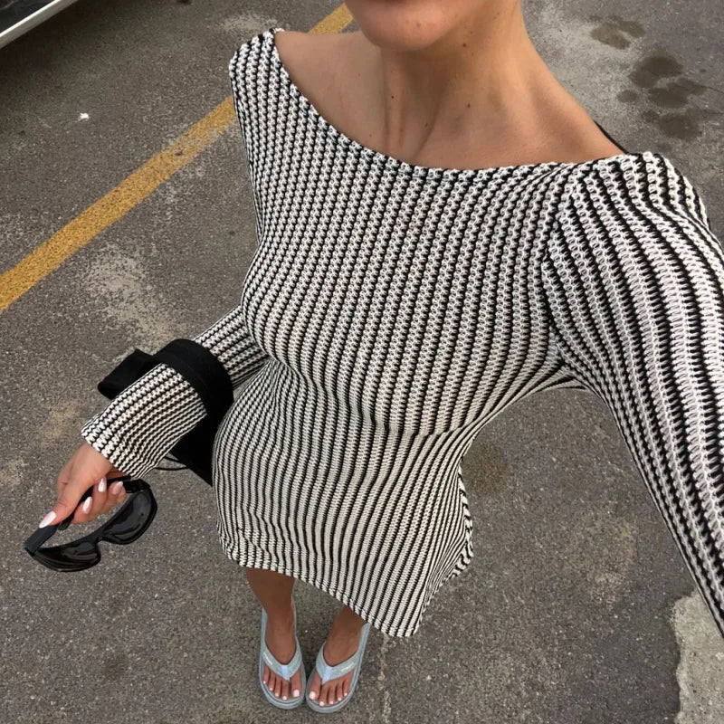 Striped Print Tie Up Backless Mini Dress French Style Long Sleeve Dresses for Women Sexy Winter Outfits
