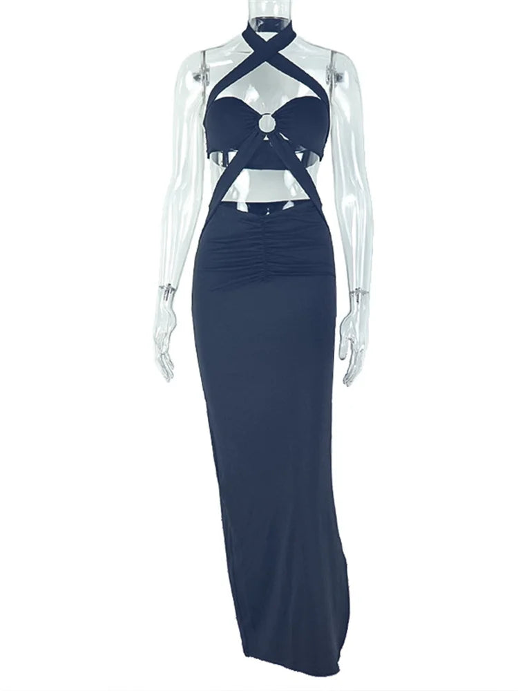 Cross Halter Dress Women Sexy Waistless Backless Metal Rings Folds High Slits Midnight Sexy Coquette Trend Vestidos