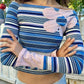 Stripe Print T-Shirts Woman Slash Neck Flower Embroidery Full Sleeve Navel Exposed Street Casual Fashion Elegant Tees