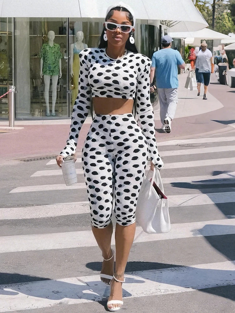 Polka Dot Print 2 Piece Set Women Trend O-Neck Full Sleeve Crop T-Shirt+Capri Pants Fashion Chic Street Sport Suits