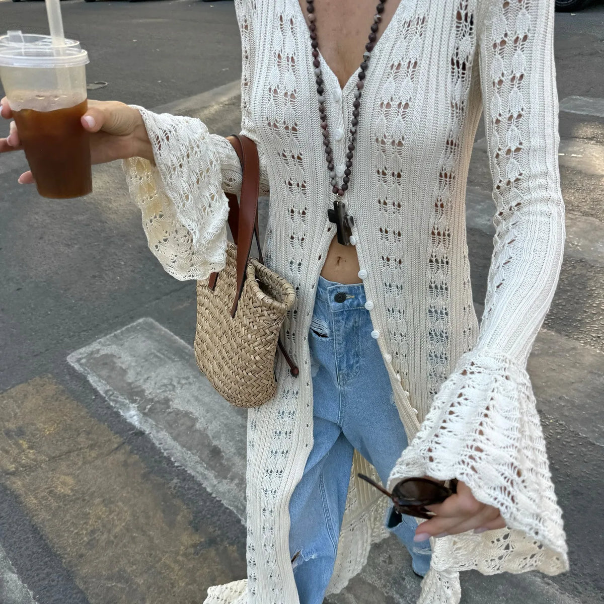 Button Front Long Sleeve Sheer Open-knit Long Cover-up Jacket Women Autumn Beach Vacation Outfit Maxi Cardigan