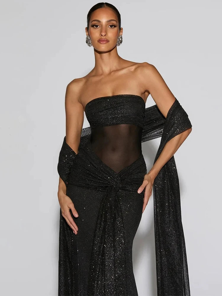 Sparkle Strapless Draped Sexy Maxi Dress Women Elegant Off-shoulder Sleeveless Backless Ruched Club Party Long Dress
