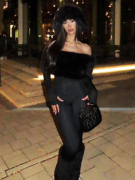 Faux Fur Collar Off Shoulder Long Sleeve Jumpsuits for Woman Winter Sexy Outfits Black Bodycon Jumpsuit