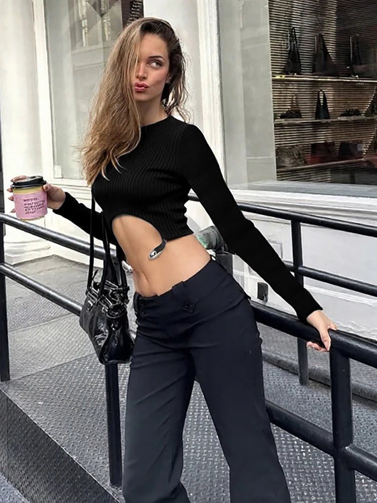 Irregular Hem Crop Tops Women Metal Ring Decoration o-Neck Full Sleeve Daily Fashion Casual Daily Elasticity Streetwear