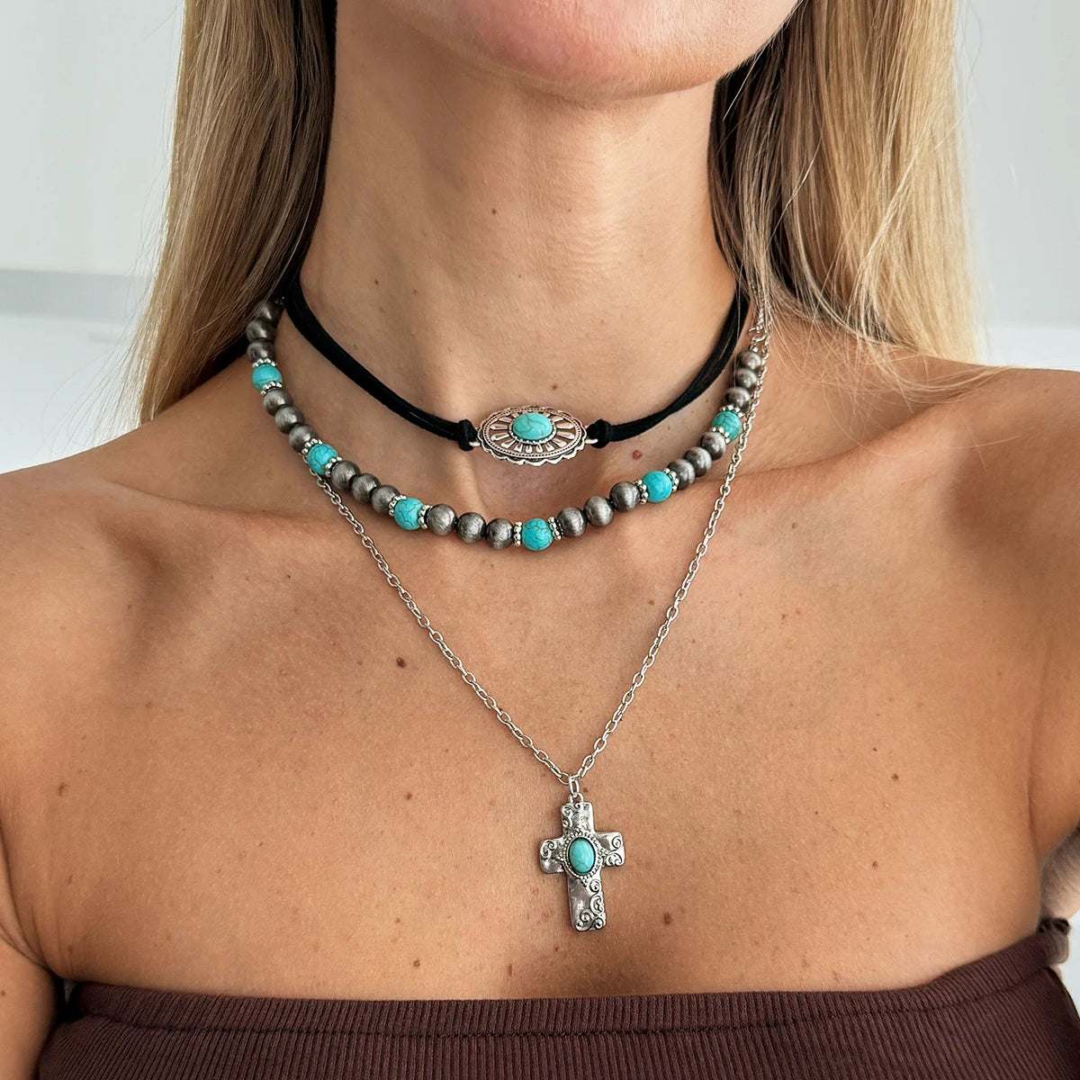 3Pcs/Set Ethnic Cross Jesus Pendant Choker Necklace for Women 2026 New Trend Boho Beads Chain Aesthetic Jewelry Gift