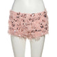 Sweet 2-Piece Set Women Backless Edible Tree Fungus Lace-Up Ruched Hollow Thin Tank Top+Furry Sequins Shorts Clubwear