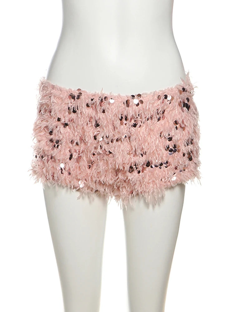 Sweet 2-Piece Set Women Backless Edible Tree Fungus Lace-Up Ruched Hollow Thin Tank Top+Furry Sequins Shorts Clubwear