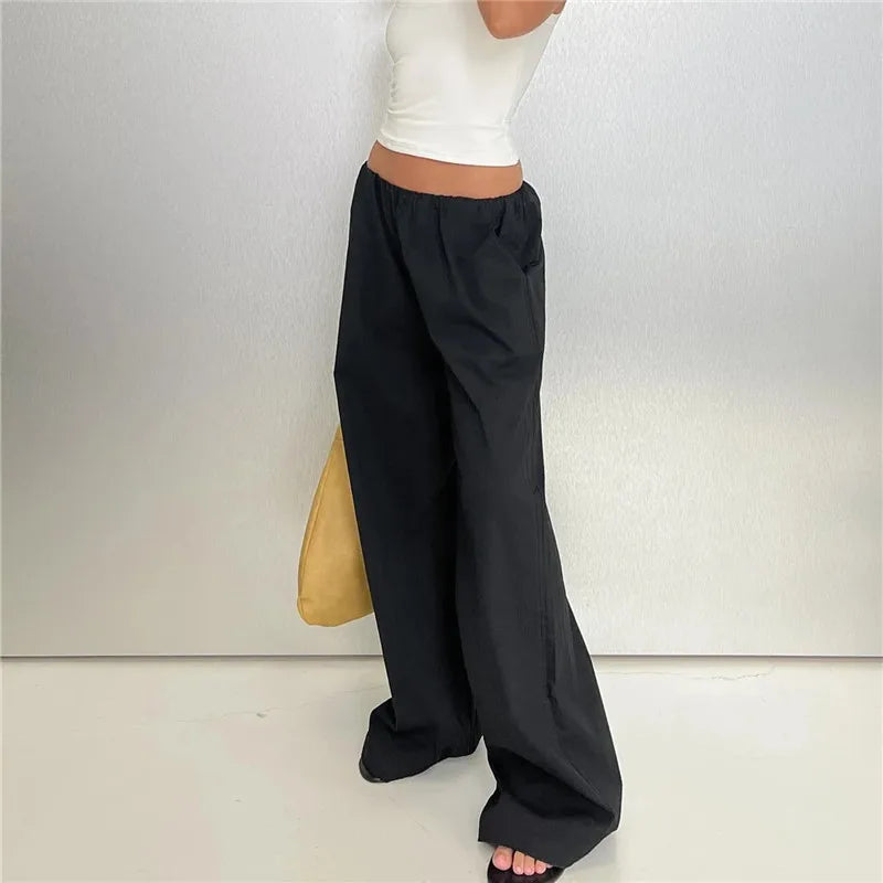 American Minimalist Elastic Waist Wide Leg Pants Women Oversized Draped Baggy Floor Length Casual Daily Office Trousers