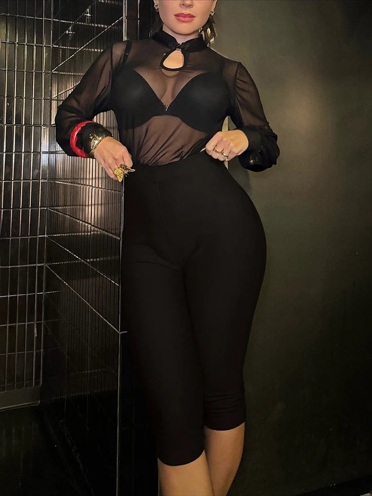 Sexy 2-Piece Set Women Stand Collar Patchwork See Through Hollow Frog Button Top+Elastic Waist Short Midnight Suits