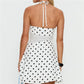 Women White Polka Dot Halter Mini Dress Sweetheart Neck Smocked Waist A Line Dress Sleeveless Tie Back Party Club Outfit