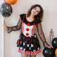 Clown Cosplay Dress Women Mesh Long Sleeve Ruffle Neck Stripe Polka Dot A Line Short Dress Party Club Costume
