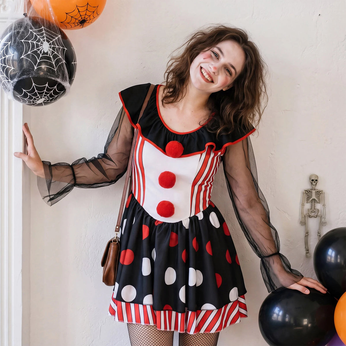 Clown Cosplay Dress Women Mesh Long Sleeve Ruffle Neck Stripe Polka Dot A Line Short Dress Party Club Costume