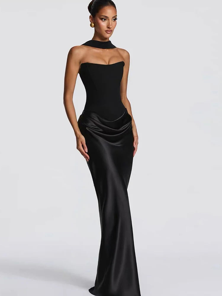 Chic Satin Patchwork Dress Women Elegant Simple Ruched Sleeveless Stretch Fashion Trend Evening Party Club Bodycon