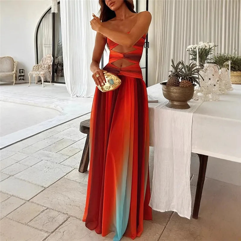 Women Summer Striped Tie-dye Color Twisted Texture Hollow Out Backless Strapless A-line Tube Long Dress Party Clubwear
