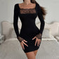 Black Long Sleeve Bodycon Mini Dress with Lace Trim Square Neck and Cuffs 2026 Fall Dresses for Woman Elegant