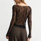 Women Sheer Lace Long Sleeve Top V Neck Halter Button Decor Asymmetrical Hem See Through Blouse Y2K Aesthetic Clubwear