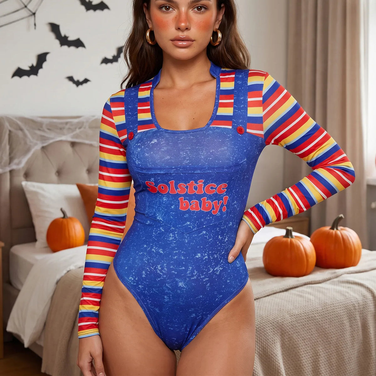 Women Chucky Halloween Cosplay Bodysuit Long Sleeve Stripe Fake Overalls Letter Print Horror Doll Party Festival Costume