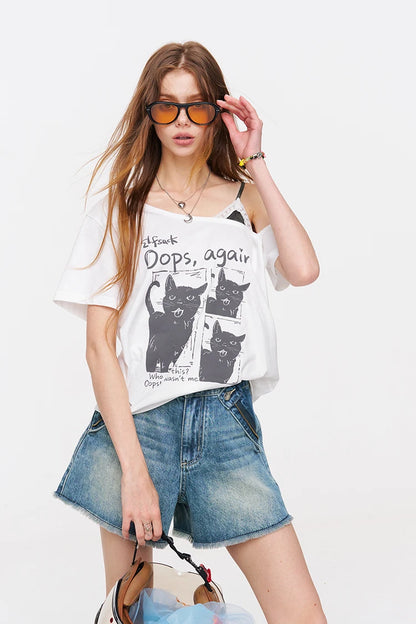Cat Print Asymmetric T-Shirt, Letter Graphic Layered Tee, Short Sleeve Casual Top for Women