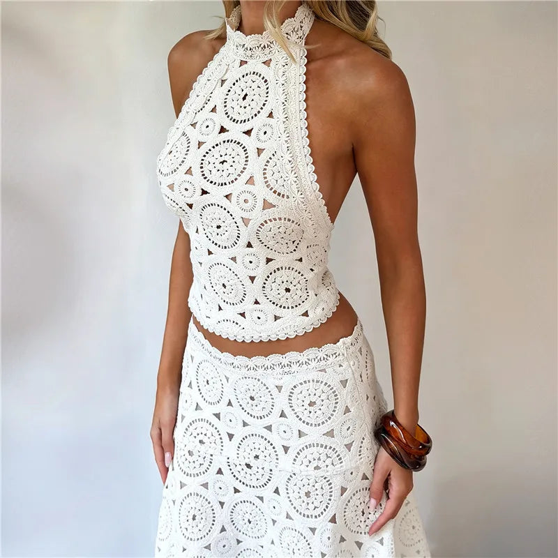 Crochet Lace Two Piece Set Women Halter Crop Top Asymmetrical Midi Skirt Hollow Out Boho Beach Vacation Matching Outfit