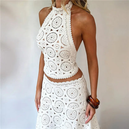 Crochet Lace Two Piece Set Women Halter Crop Top Asymmetrical Midi Skirt Hollow Out Boho Beach Vacation Matching Outfit