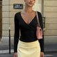 Lace Trim V Neck Long Sleeve Crop Tops Women's T-shirts Spring 2026 Fashion Clothes for Woman