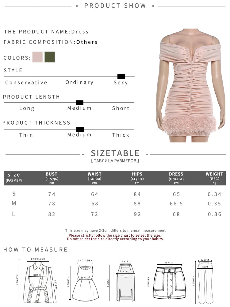 Sexy Furs Patchwork Dress Women Fashion Slash Neck Ruched Peach Buttocks Elegant Chic Evening Party Club Mini Bodycon