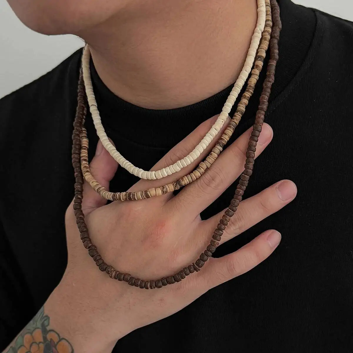 3Pcs/Set Unique Irregular Coconut Husk Wooden Beads Chokers Necklace for Men Vintage Adjustable Chain Daily Jewelry New