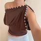 Y2K Vintage Off Shoulder Draped Blouse With Button Trim Slim Fit Ruched Waist For Women Casual Streetwear Party Top