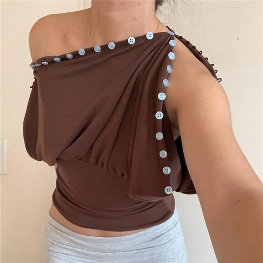 Y2K Vintage Off Shoulder Draped Blouse With Button Trim Slim Fit Ruched Waist For Women Casual Streetwear Party Top