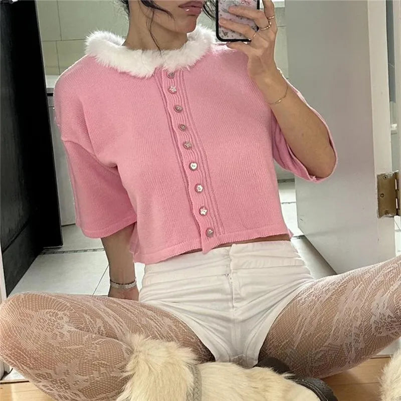 Harajuku Kawaii Furry Neck Short Sleeve Knit Crop Top Women Button Cropped Cardigan Pastel Color Soft Knit Street Outfit