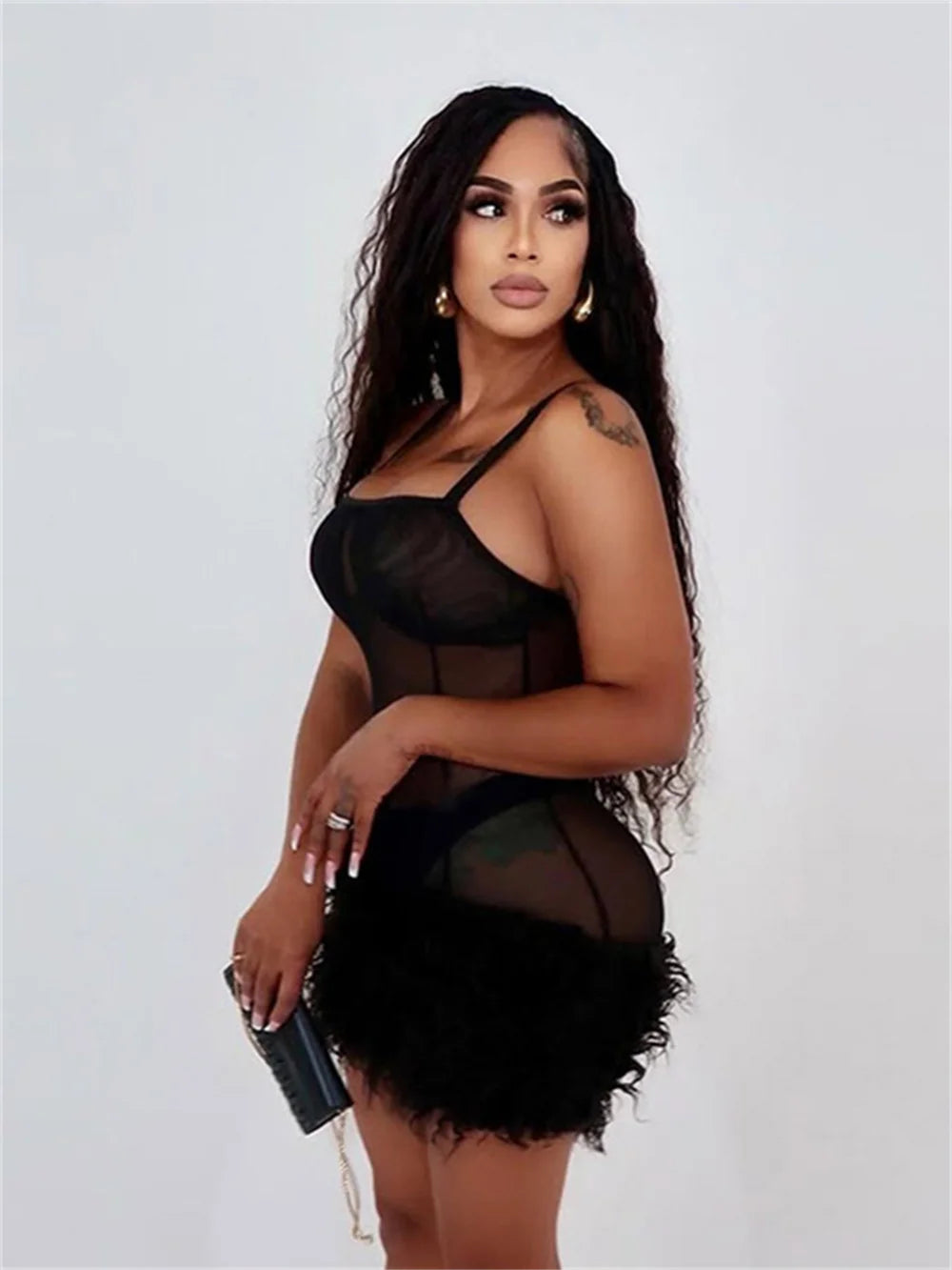 Patchwork Feather Dress Women Sexy Sleeveless Coquette Peach Hip Midnight Party Clubwear Stretch Skinny Mini Bodycon