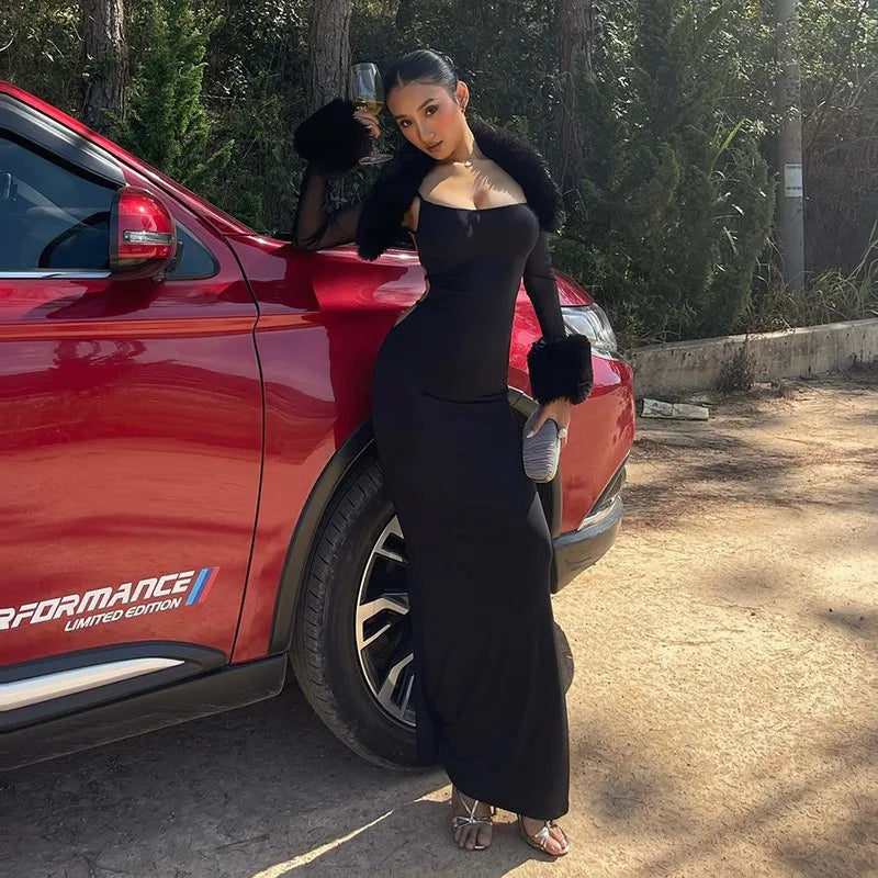 Black Backless Maxi Dress with Faux-fur Collar Long Sleeve Mesh Shrug 2 Piece Set Sexy Autumn Dresses 2026