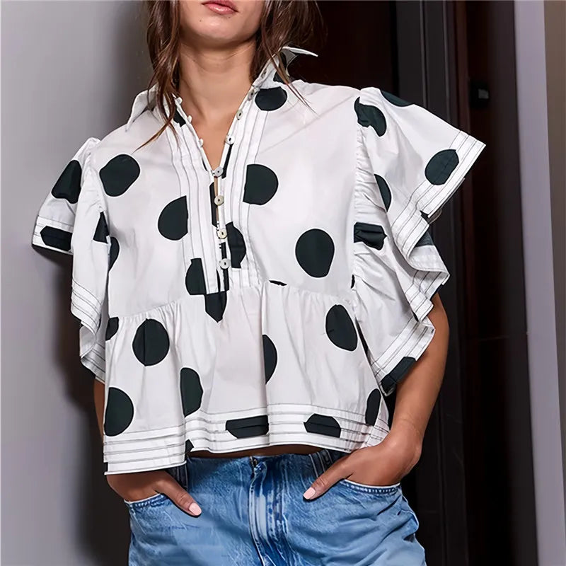 Loose Casual Short Sleeve Button up Shirts V-Neck Polka Dot Print Women's Shirt Korean Style Babydoll Blouse