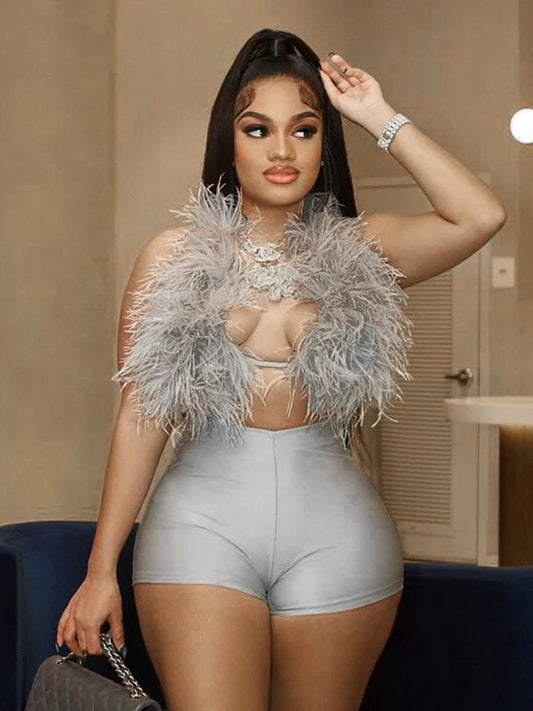 Sexy Hipster 2 Piece Set Women Y2K Summer Luxury Furs Tank Tops+Tight Stretch Shorts Midnight Clubwear Party Suits