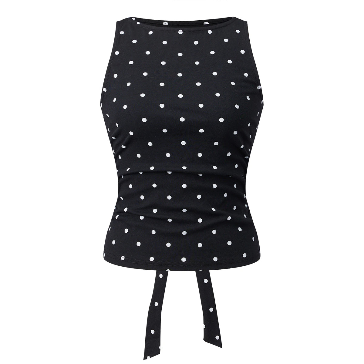 Women's Y2K Polka Dot Sleeveless Tank Top Boat Neck Ruched Side Back Tie Knot Cropped Blouse Casual Summer Streetwear