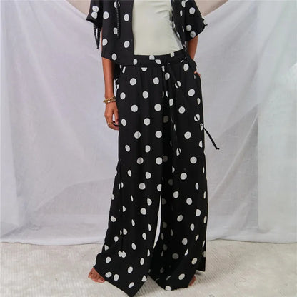 Women Polka Dot Wide Leg Pants Elastic Waist Drawstring Palazzo Pants with Pockets Casual Beach Vacation Summer Trousers