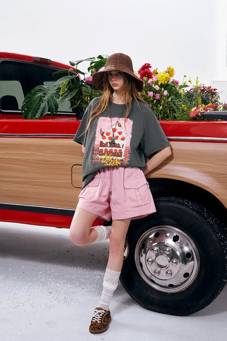Women's Oversized Drop Shoulder T-Shirt, Graffiti Cake Print Double Gauze Tee, Casual Versatile Summer Short Sleeve Top