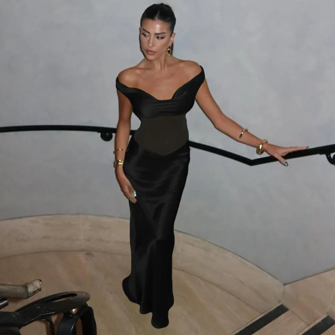 Satin Mesh See-through Green Party Dresses 2025 Woman Elegant Sexy Off Shoulder Maxi Dress