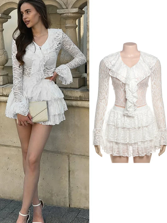 Slim Sexy Jacquard 2 Piece Set Women Elegant Ruffles V-Neck Crop Tops+Tierred Cake Skits Autumn Midnight Party Clubwear