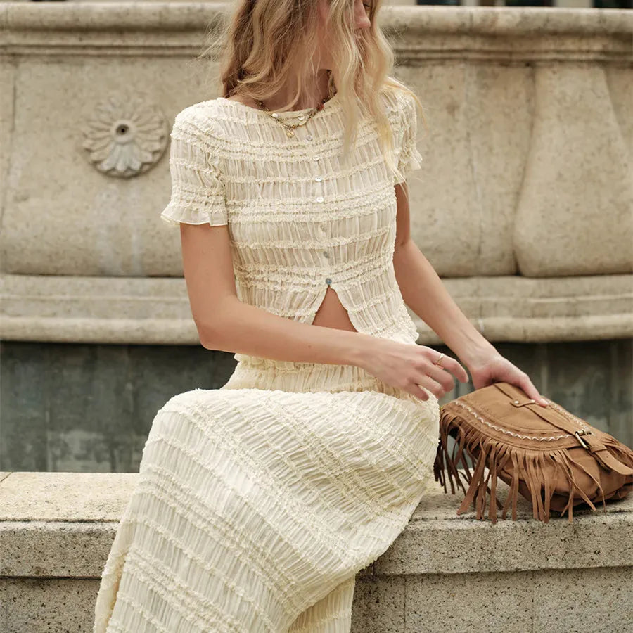 Flowy Two Piece Matching Skirt Sets for Women Clothing Short Sleeve Button Up Top Ruched Maxi Skirt Summer Beachwear