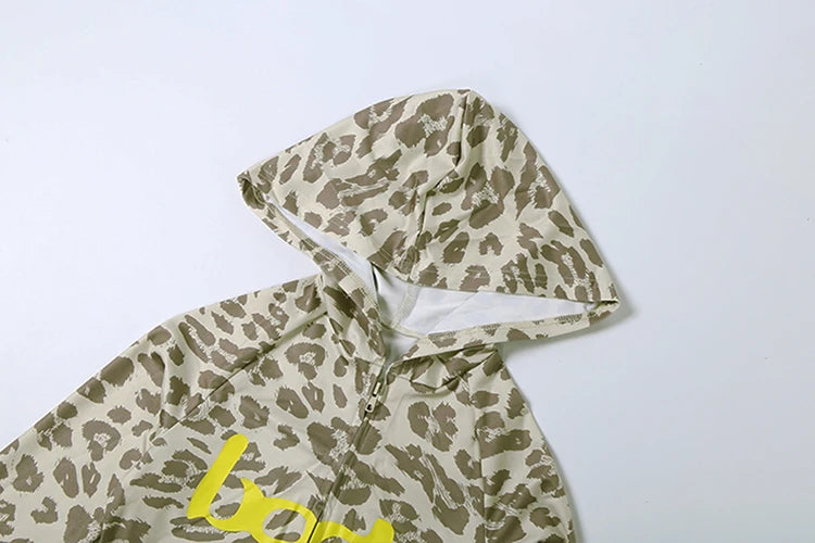 Leopard Tracksuit 2-Piece Set Women Letter Print Zip Hooded Crop Jacket+Leggings Casual Stretch Sporty Street Outfits