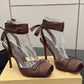 2026 Women's New Summer Square Satin High Heel Sandals with Ankle Strap, Fashionable Party and Banquet Ballet High Heels