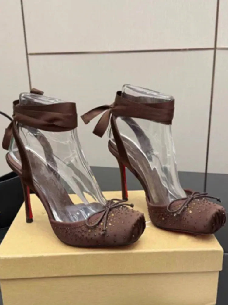 2026 Women's New Summer Square Satin High Heel Sandals with Ankle Strap, Fashionable Party and Banquet Ballet High Heels