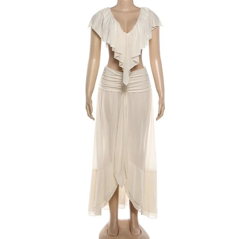 2 Piece Sets Transparent Chiffon Ruffle Long Skirt and Top Matching Sets Elegant Holiday Outfits Woman