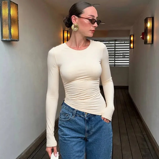 Crew Neck Long Sleeve Asymmetrical Tops Solid Color Tight Fitted T Shirts Fashion Fall Clothes Woman