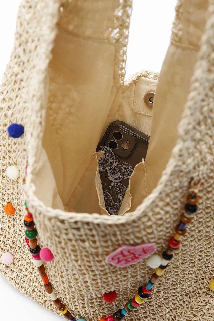 Women's Boho Crochet Straw Shoulder Bag with Colorful Beads, Large Summer Beach Tote Bag, Casual Vacation Handbag